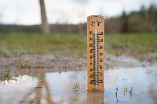 Autumn season, weather forecast, cold rainy day, thermometer with puddle, measure the temperature in fall, climate and environment