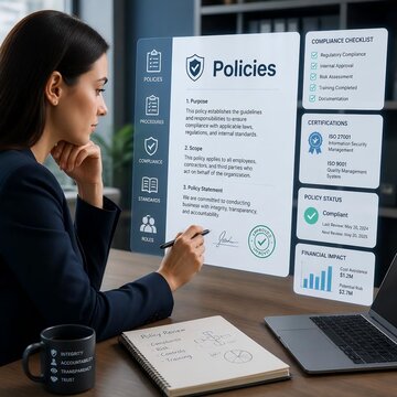 Empres&aacute;ria analisa um documento digital de pol&iacute;ticas, que inclui &iacute;cones, listas de verifica&ccedil;&atilde;o, certifica&ccedil;&otilde;es e detalhes financeiros. Gest&atilde;o de pol&iacute;ticas, conformidade regulat&oacute;ria.
