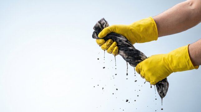 Hands wearing yellow rubber gloves wringing out a dirty cloth with dripping water against studio background.