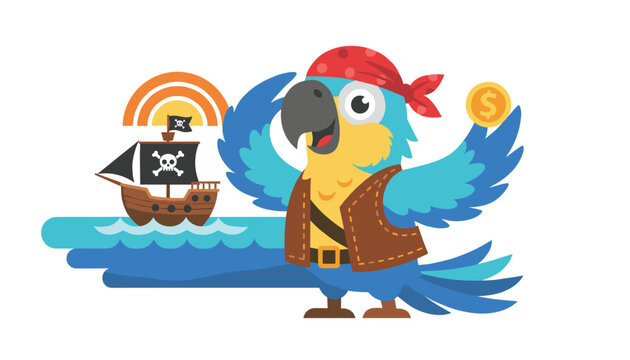 Happy pirate parrot wearing a red bandana and holding a gold coin near a pirate ship illustration.