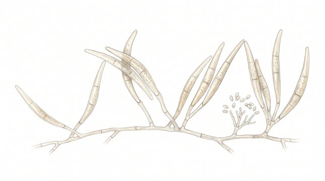 Fusarium semitectum Sickle shaped macroconidia spores attach to fungal mycelium threads on a white background.