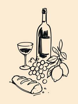 Wine Bottle and Glass with Grapes, Bread and Lemons Hand Drawn Vintage Sketch