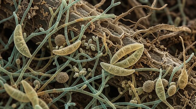 Fusarium solani Microscopic fungal spores and hyphae grow on an organic soil substrate.