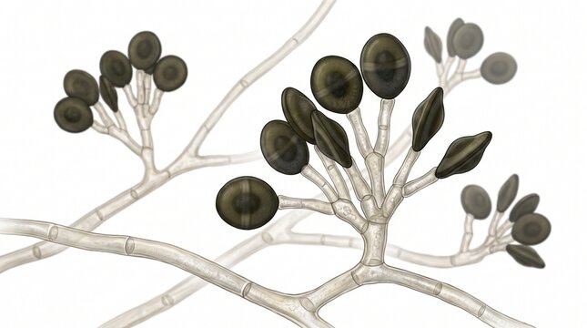 fungus hyphae Dark fungal spores attach to transparent branching hyphae against a plain white background.
