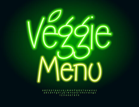 Vector Marketing banner Vegan Menu for Cafe, Diner and Restaurant. Trendy Neon Font. Bright set of Glowing Green Alphabet Letters and Numbers.