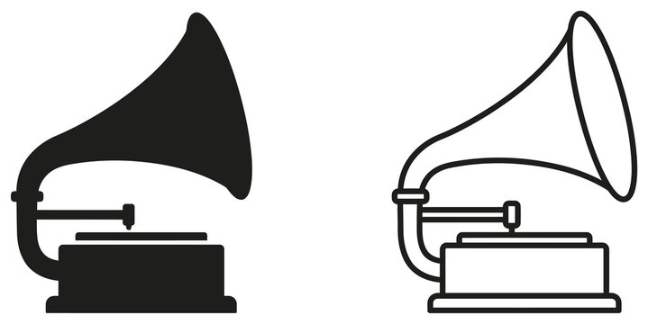 Vintage gramophone phonograph record player in solid and line art styles for retro music themes.