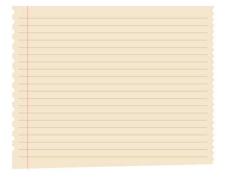 Isolated piece of vintage lined notebook paper with ragged edge transparent background