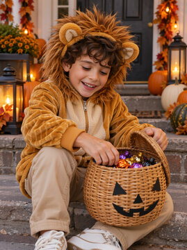 Smiling boy in lion costume sitting on porch steps. Child reaching into woven pumpkin basket filled with colorful treats. Autumn Halloween celebration