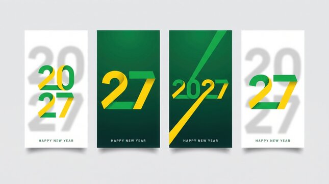 Four modern new year designs featuring vibrant typography and gradient backgrounds