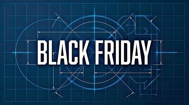 Black Friday typography design on a digital blueprint background.