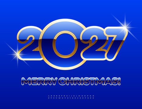 Vector Classy Greeting Card Merry Christmas 2027! Luxury Blue and Golden Font. Trendy Amazing set of Luxury Alphabet Letters and Numbers.