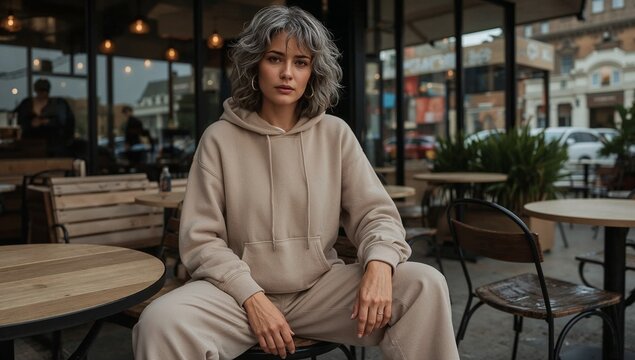 A woman sits on a stool in a cozy coffee shop, enjoying her drink