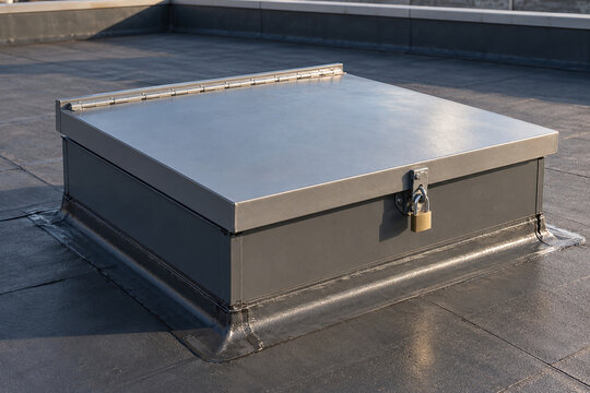 Locked roof access hatch on a flat commercial roof
