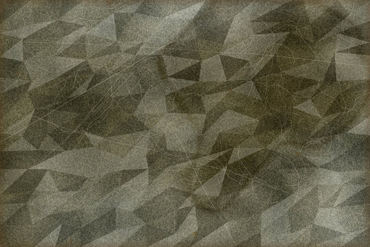 Abstract geometric low poly pattern background featuring dark green grey muted earthy tones overlapping triangular shapes with distressed vintage texture throughout composition