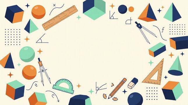 Back to school frame background with math tools, rulers and geometric shapes around empty copy space