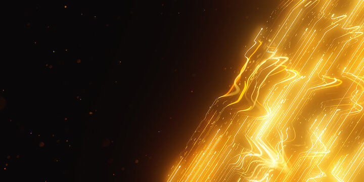Golden distorted light wave in abstract 3D data visualization. Magic quantum energy particles.