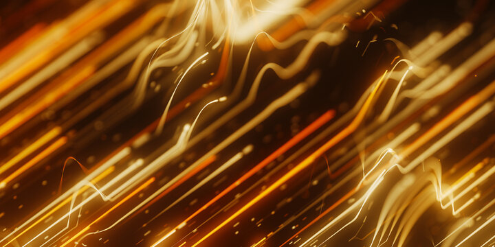 Golden distorted light wave in abstract 3D data visualization. Magic quantum energy particles.