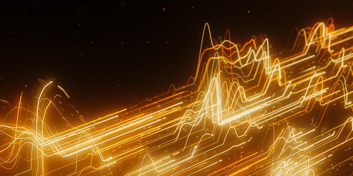 Golden distorted light wave in abstract 3D data visualization. Magic quantum energy particles.