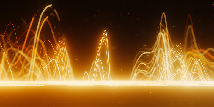 Golden distorted light wave in abstract 3D data visualization. Magic quantum energy particles.