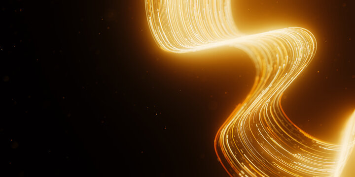 Golden abstract flower vortex made of light trails. 3D magic quantum energy particles.