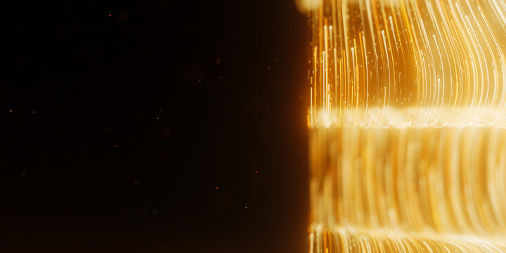Golden abstract flower vortex made of light trails. 3D magic quantum energy particles.
