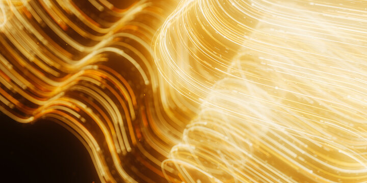 Golden abstract flower vortex made of light trails. 3D magic quantum energy particles.