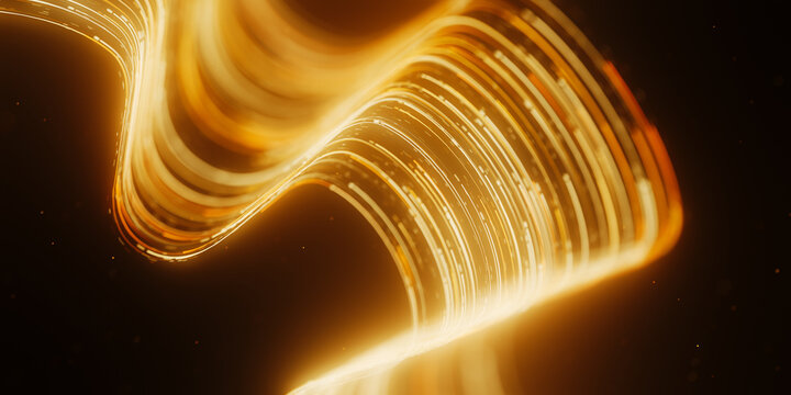 Golden abstract flower vortex made of light trails. 3D magic quantum energy particles.
