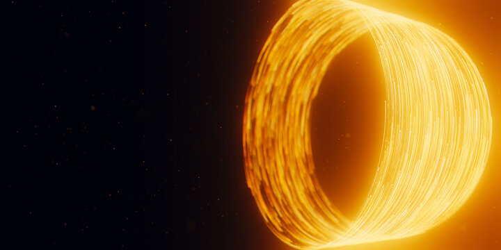 Golden circular light tunnel and black hole portal. 3D abstract quantum vortex with magic particles.