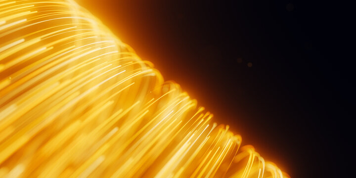 Golden circular light tunnel and black hole portal. 3D abstract quantum vortex with magic particles.
