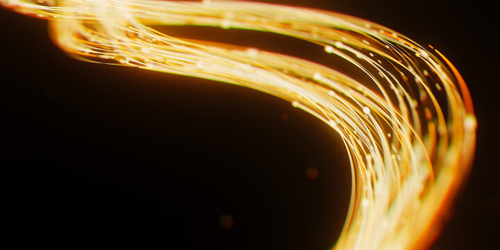 Golden DNA helix made of light trails. 3D abstract quantum science data flow with magic particles.