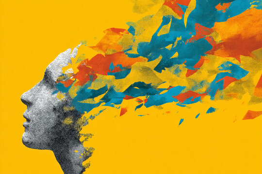 Abstract profile of a face exploding into colorful, textured shapes, symbolizing imagination, creativity, and mental expansion on a vibrant yellow background