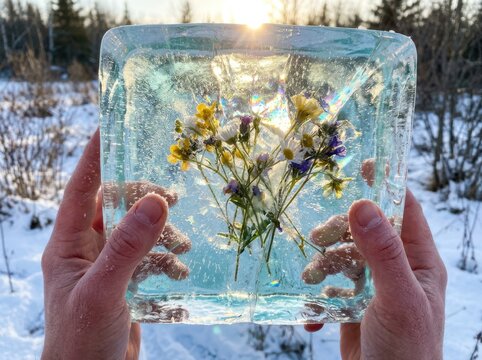 Winter bouquet frozen in clear ice held in sunlight outdoors