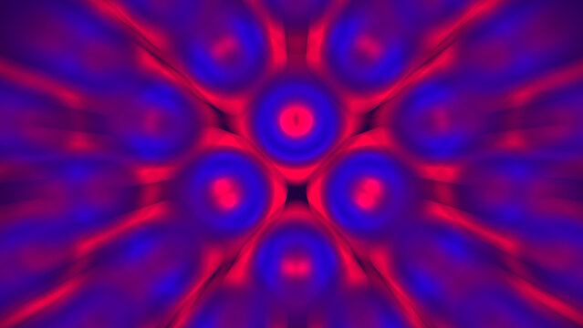 Symmetrical ultraviolet and crimson kaleidoscope with radial psychedelic 3D forms