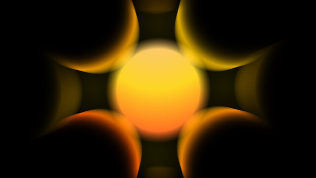 Glowing yellow solar sphere with mirrored eclipse shapes on black 3D background