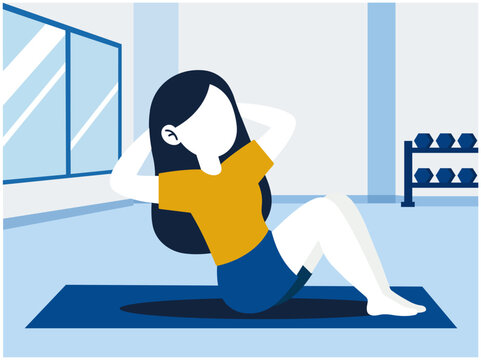 Woman performing abdominal crunches on exercise mat in bright fitness studio illustration
