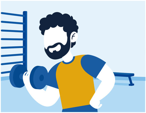 Bearded male athlete performing dumbbell curls in modern gym vector illustration