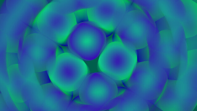 Turquoise and emerald glowing circular cells in futuristic psychedelic 3D kaleidoscope