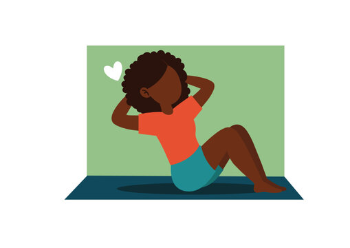 Black woman doing abdominal sit ups on mat in minimalist fitness vector illustration