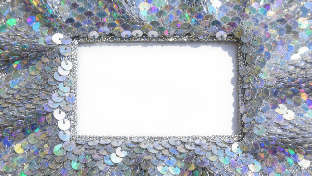 Sparkling silver sequin photo frame with beaded edge, isolated on transparent background