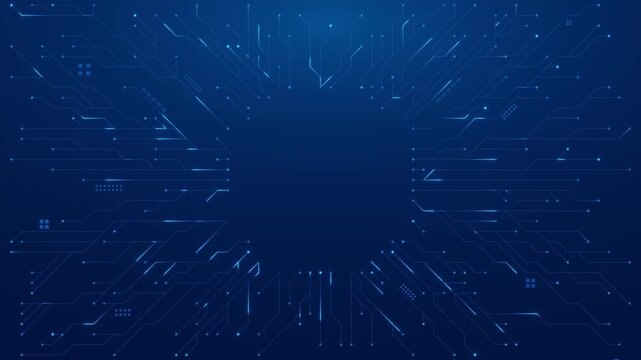 looping motion graphics backgriound of glowing blue digital circuit board lines pulsing with cyber data transfer, framing a central dark empty space for custom logo or title text.
