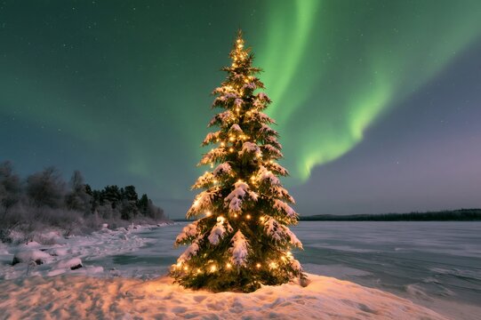 Christmas tree glowing under the Northern Lights