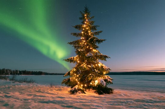Christmas tree glowing under the Aurora Borealis