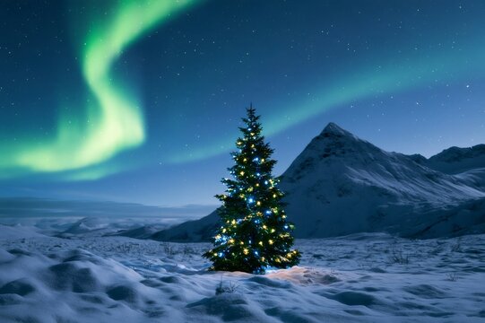 Christmas tree glowing under aurora borealis in snowy mountains