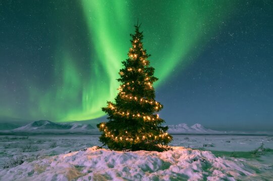 Christmas tree glowing under aurora borealis in winter landscape