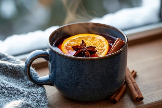 Hot mulled wine with orange and cinnamon standing on wooden windowsill
