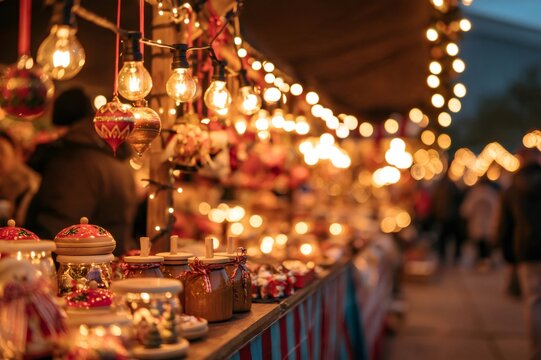 Christmas market stall illuminated with warm glowing holiday lights