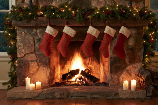 Christmas stockings hanging on fireplace mantel with burning fire
