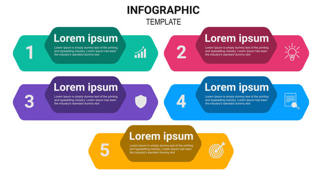 Colorful Five Step Business Infographic Template with Numbered Workflow Timeline, Horizontal Process Diagram, Vibrant Gradient Labels and Modern Corporate Vector Design