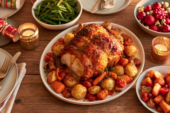 Roasted turkey breast with vegetables served on christmas table