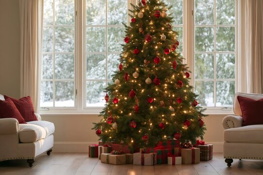 Decorated Christmas tree standing in cozy living room with gift boxes